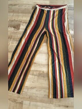 Multi-Stripe Wide Leg Women’s Pants - Metallic Yellow & Red